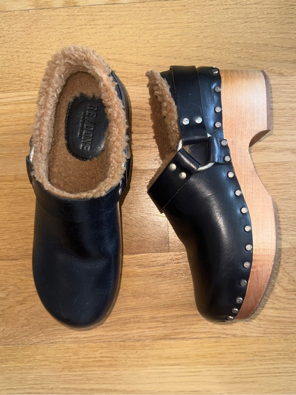 Re/Done Black Leather Shearling-Lined Clog Mules with Studs